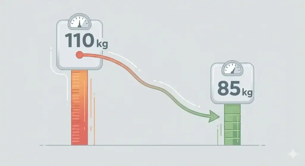 Tekening van twee weegschalen, links is rood en toont 110 kg, recht is groen en toont 85 kg. Ze zijn verbonden met een lijn