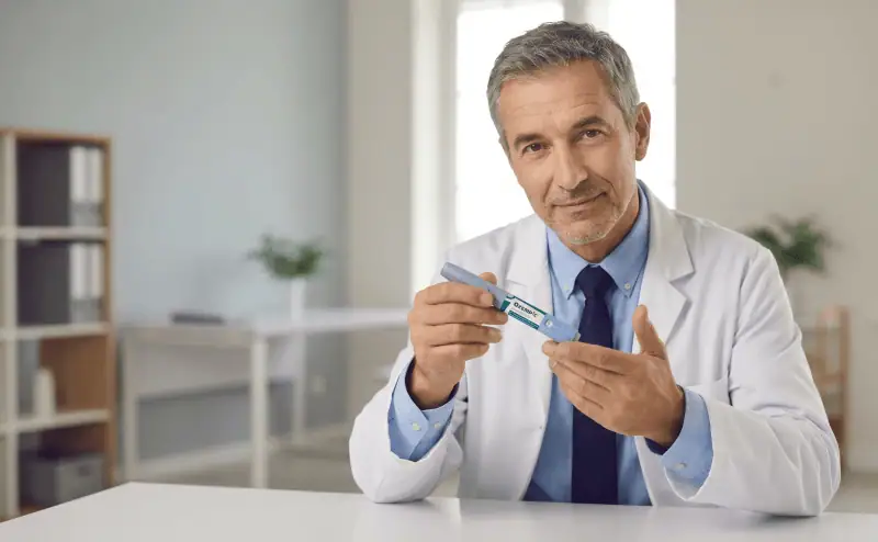 Een mannelijke arts toont een ozempic pen