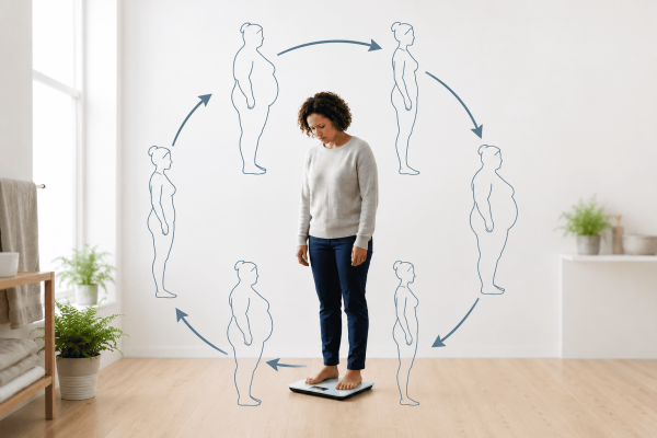 Vrouw op een weegschaal, met om haar heen een getekende cirkel met afbeeldingen van slankere en vollere vrouwen, verbonden met pijlen