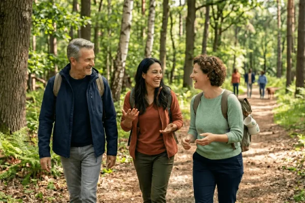 Drie mensen met rugzakken die door het bos lopen en met elkaar aan het praten zijn