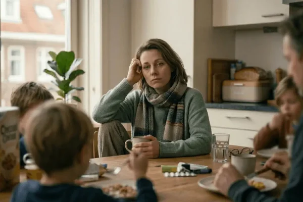 A woman sitting at a kitchen table wearing a green jumper, with a cup of tea in one hand and her other hand in her hair