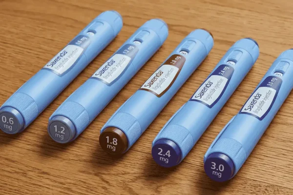 Een houtentafelblad met daarop vijf blauwe Saxenda pennen met verschillende doseringen: 0.6 mg, 1.2 mg, 1.8 mg, 2.4 mg en 3.0 mg