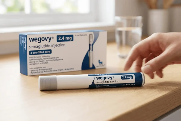 Een Wegovy prikpen inclusief verpakking in de achtergrond