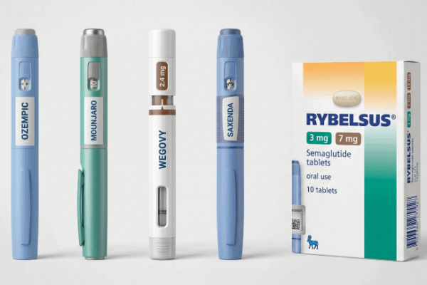 Vijf mogelijkheden van afslankmedicatie, zowel prikpennen als tabletten. Van links naar rechts; ozempic, mounjaro, wegovy, saxenda en rybelsus (tabletten)