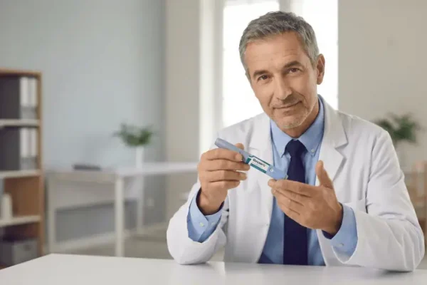 A male doctor is showing an Ozempic pen