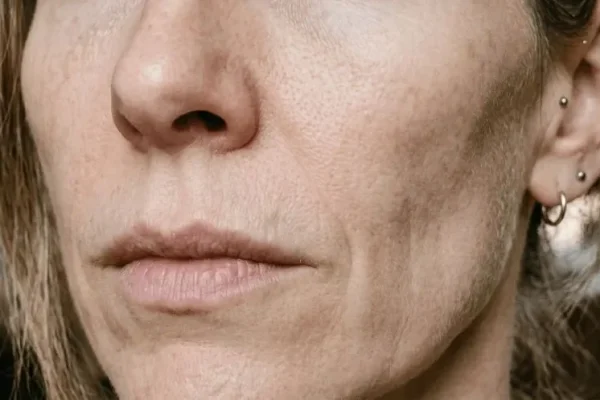 Gezicht van een vrouw, ingezoomed zodat alleen neus, mond en oor zichtbaar zijn