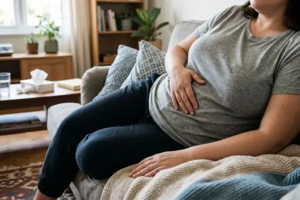 A woman sitting on the sofa in the living room, with her right hand on her stomach