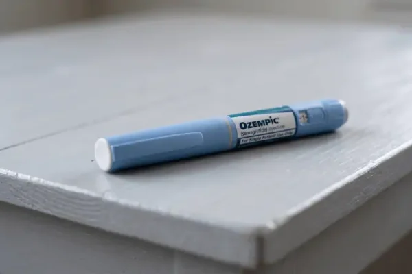 Een witte tafel met daarop een blauwe ozempic pen