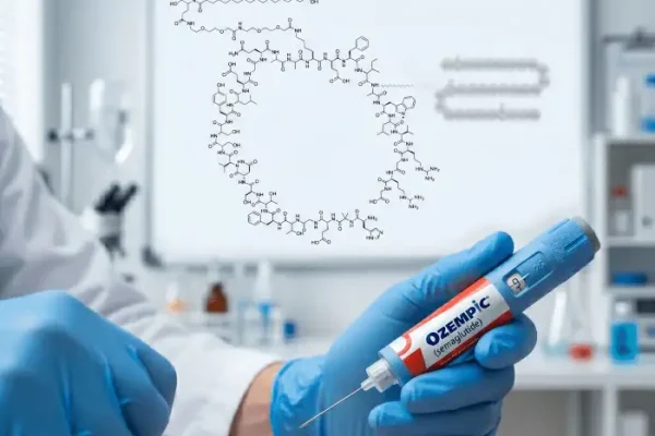 A doctor wearing gloves and holding an Ozempic pen. Above him is a whiteboard with a chemical formula on it
