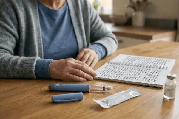Een persoon die aan tafel zit, met een schrift met tekst en een lege injectiepen voor zich