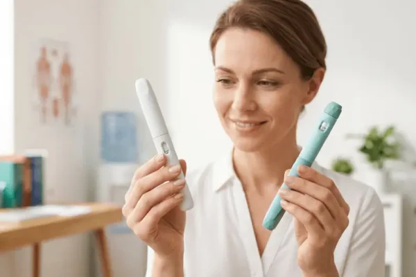 Vrouw met twee injectiepennen in haar hand, een witte en een blauwe