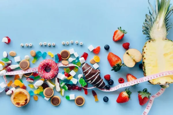 Een blauwe achtergrond met daarvoor allemaal suikerrijke lekkernijen. Loopt een meetlint doorheen, rechts zien we fruit